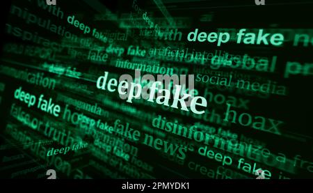 Deep fake hoax false and ai manipulation headline news across international media. Abstract concept of news titles on noise displays. TV glitch effect Stock Photo