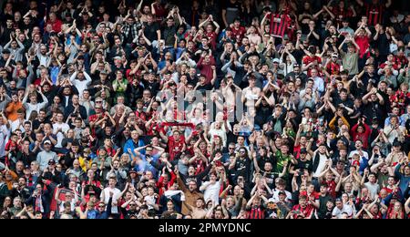 London, UK. 15th Apr, 2023. AFC Bournemouth fans celebrate Premier League match, Tottenham Hotspur v AFC Bournemouth at the Tottenham Hotspur Stadium in London on Saturday 15th April 2023. this image may only be used for Editorial purposes. Editorial use only, license required for commercial use. No use in betting, games or a single club/league/player publications. pic by Sandra Mailer/Andrew Orchard sports photography/Alamy Live news Credit: Andrew Orchard sports photography/Alamy Live News Stock Photo