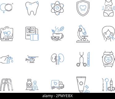 Health check up outline icons collection. Examination, Diagnosis, Reviews, Tests, Scans, Ultrasounds, Screening vector and illustration concept set Stock Vector