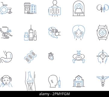 Health check up outline icons collection. Examination, Diagnosis, Reviews, Tests, Scans, Ultrasounds, Screening vector and illustration concept set Stock Vector