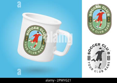 White camping cup. Realistic mug mockup template with sample design. Soccer club patch design. Vector illustration. For sport club sign, logo with Stock Vector