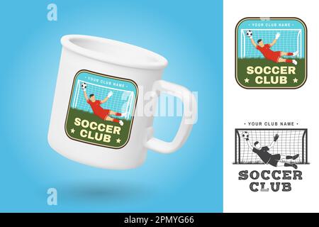White camping cup. Realistic mug mockup template with sample design. Soccer sport club patch design. Vector illustration. For soccer club sign, logo Stock Vector