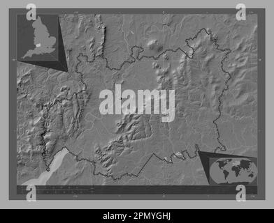 Gloucestershire, administrative county of England - Great Britain. Bilevel elevation map with lakes and rivers. Corner auxiliary location maps Stock Photo