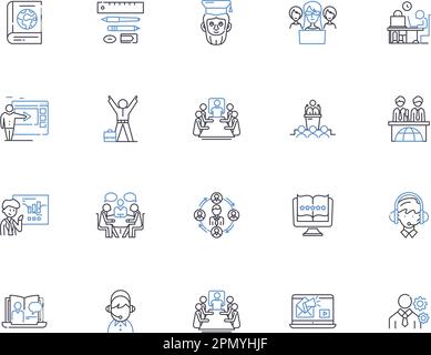 Teaching outline icons collection. Tutor, Instruct, Educate, Guide, Coach, Direct, Lecture vector and illustration concept set. Mentor, School, Teach Stock Vector