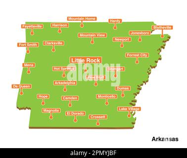 3d vector illustrated colorful touristic map of Arkansas state with cities Stock Vector