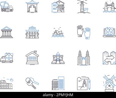 Construction tools outline icons collection. Shovel, Hammer, Drill, Saw, Wood, Wrench, Pliers vector and illustration concept set. Screwdriver, Nail Stock Vector