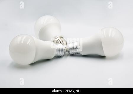 LED new technology light bulbs closeup on white. Energy super saving electric lamp is good for environment. Stock Photo