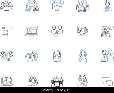Clients outline icons collection. Customers, Consumers, Patrons, Buyers, Subscribers, Audience, Users vector and illustration concept set. Clients Stock Vector