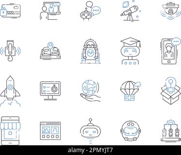 Science and technology outline icons collection. Science, Technology, Innovate, Experiment, Explore, Research, Data vector and illustration concept Stock Vector