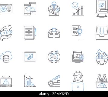 Data and computer outline icons collection. Data, Computer, Analysis, Science, Networking, Technology, Storage vector and illustration concept set Stock Vector