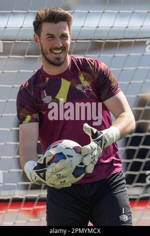 Joe Wildsmith #1 of Derby County warming up during the Sky Bet League 1 match Bristol Rovers vs Derby County at Memorial Stadium, Bristol, United Kingdom, 15th April 2023 (Photo by Craig Anthony/News Images) in, on 4/15/2023. (Photo by Craig Anthony/News Images/Sipa USA) Credit: Sipa USA/Alamy Live News Stock Photo