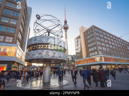 Alexanderplatz Square with World Clock (Weltzeituhr) and TV Tower (Fernsehturm) - Berlin, Germany Stock Photo