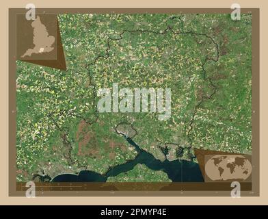 Hampshire, administrative county of England - Great Britain. Low resolution satellite map. Corner auxiliary location maps Stock Photo