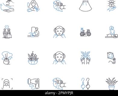Beauty makeup outline icons collection. Beauty, Makeup, Cosmetics, Eyeshadow, Foundation, Mascara, Lipstick vector and illustration concept set. Blush Stock Vector