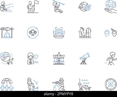Adventure outline icons collection. Exploration, Trekking, Hiking, Backpacking, Mountaineering, Climbing, Camping vector and illustration concept set Stock Vector