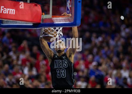 Philadelphia, USA, April 15th 2023: Nic Claxton (33 Nets) dunk during the National Basketball Association playoff game between Philadelphia Sixers and Brooklyn Nets at Wells Fargo Center in Philadelphia, USA (Georgia Soares/SPP) Credit: SPP Sport Press Photo. /Alamy Live News Stock Photo