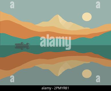 Abstract mountain lake scene with sun in the sky that is a vector. Stock Vector