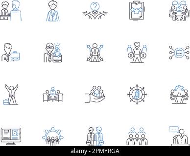 Office outline icons collection. Workplace, Desk, Chair, Computers, Stationery, Printer, Filing vector and illustration concept set. Management Stock Vector