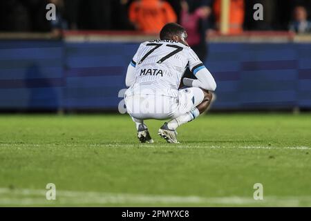 Westerlo, Belgium. 15th Apr, 2023. Club's Clinton Mata looks dejected after a soccer match between KVC Westerlo and Club Brugge KV, Saturday 15 April 2023 in Westerlo, on day 33 of the 2022-2023 'Jupiler Pro League' first division of the Belgian championship. BELGA PHOTO BRUNO FAHY Credit: Belga News Agency/Alamy Live News Stock Photo