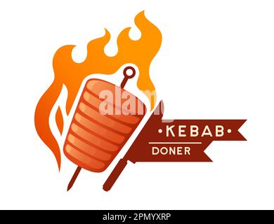 Kebab grill meat with skewer and fire logo design vector illustration on white background Stock Vector