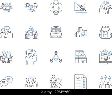 Traching and learning outline icons collection. Teaching, Learning, Education, Instruction, Curriculum, Assessment, Methodology vector and Stock Vector