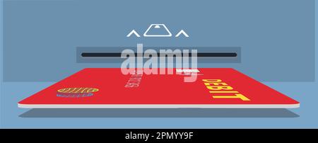 An ATM debit card is seen being slipped into the ATM slot in a vector image. Stock Vector