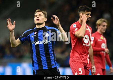 Nicolò Barella of FC Internazionale looks dejected and reacts during the Italian Serie A football match FC Internazionale vs Monza at San Siro Stadium in Milan, Italy on April 15, 2023 Credit: Piero Cruciatti/Alamy Live News Stock Photo