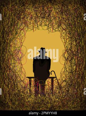 An old man sits on a bench in the middle of a tangle of lines in a vector about difficulties and dangers of aging. Stock Vector