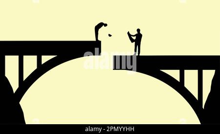 A bridge being built does not come together and is mis aligned due to poor planning. This is a vector image. Stock Vector