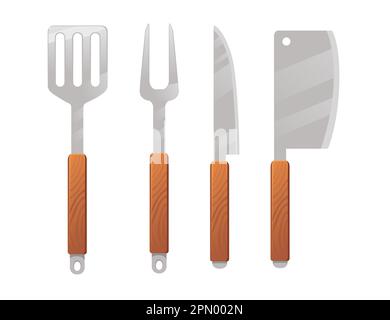 Bbq tools with wooden handle knife fork spatula utensil vector illustration isolated on white background Stock Vector