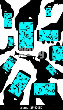 Many hands with cell phones take photos or video of a trumpet player as he performs in a vector about phone technology. Stock Vector