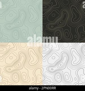 Topography patterns. Seamless elevation map tiles. Attractive isoline background. Radiant tileable patterns. Vector illustration. Stock Vector