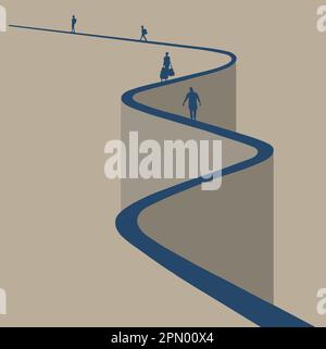 People walk down a long winding road in a vector illustration. Stock Vector
