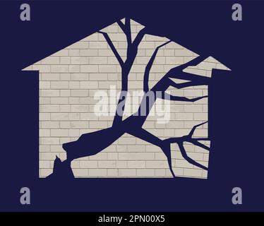 A brick home is broken by a storm that broke a tree that fell on the home in a graphic image about homeowners insurance. This is a vector. Stock Vector