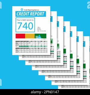 Financial credit reports with personal credit information and a score of 740 on page one are stacked and isolated in this vector image. Stock Vector