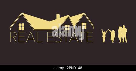 A gold and brown real estate logo shows a gold roof on a house with a family and the words real estate. Stock Vector