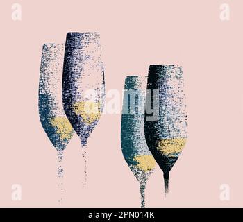 White wine is seen in stemware in an abstract image of wine glasses that is a vector illustration. Stock Vector