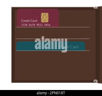 Two credit cards, one horizontal and the other vertical are seen in a leather wallet in a vector illustration. Stock Vector