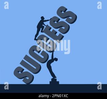 A man uses the letters of the word success to climb higher as an associate holds the ladder to help him in a vector about teamwork. Stock Vector