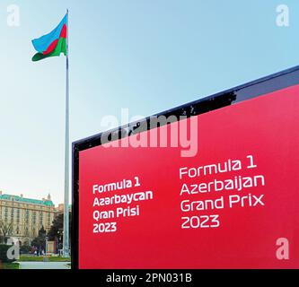 Sign F1 Baku, logo Formula 1, 2023 and flag of Azerbaijan. F1 Grand Prix. Preparing for an F1 race, 28-30 April Stock Photo