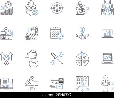 Market analysis outline icons collection. Market, Analysis, Research, Study, Trends, Strategy, Data vector and illustration concept set. Competition Stock Vector