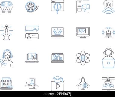 Media corporation outline icons collection. Media, Corporation, Publishing, News, Print, Digital, Network vector and illustration concept set Stock Vector