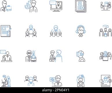 Job searching outline icons collection. Job hunting, Recruiting, Applying, Interviewing, Networking, Contracting, Prospecting vector and illustration Stock Vector