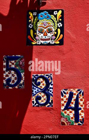 A house number painted on tiles in the historic center of Merida, Yucatan, Mexico. Stock Photo