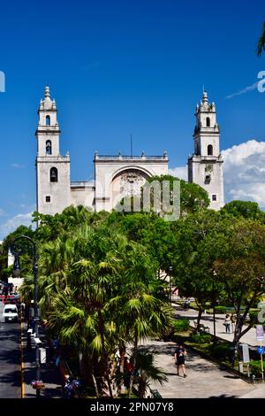 San Ildefonso cathedral facing the Plaza Grande at the center of the historic city of Merida, Yucatan, Mexico. Stock Photo