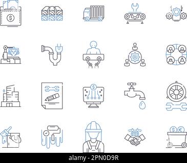 Industrial business outline icons collection. Industry, Business, Manufacturing, Factory, Industrialization, Commerce, Processing vector and Stock Vector