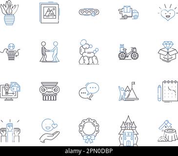 Hobbies and holidays outline icons collection. Sports, Traveling, Fishing, Crafting, Cooking, Reading, Stargazing vector and illustration concept set Stock Vector