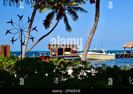 A view of a boat and dock at the beach, on a sunny day, in Ambergris Caye, Belize, Caribbean/Central America. Stock Photo