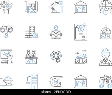 Industrial business outline icons collection. Industry, Business, Manufacturing, Factory, Industrialization, Commerce, Processing vector and Stock Vector