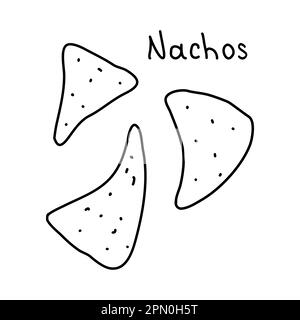 Mexican corn chips nachos or tortilla chips, doodle style flat vector outline illustration for kids coloring book Stock Vector